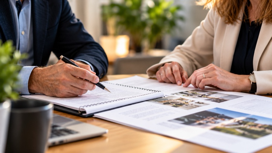 Two advisers reviewing school documents together at a table