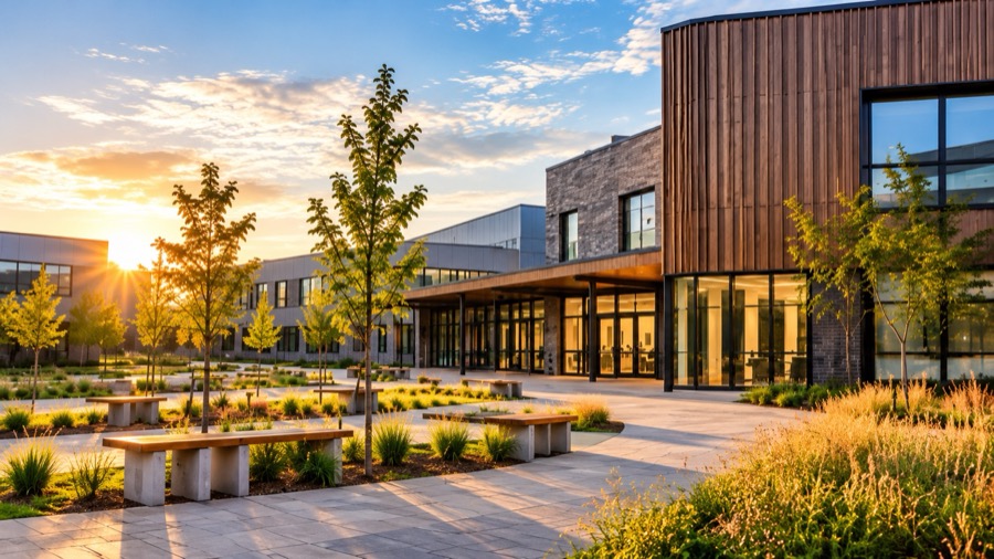 A modern school campus with landscaped courtyard at sunset
