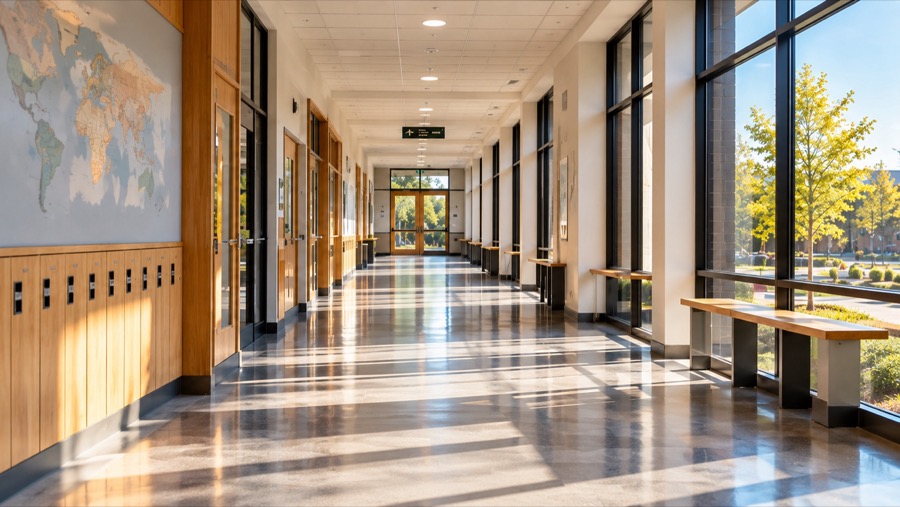 A bright school corridor with lockers and a world map