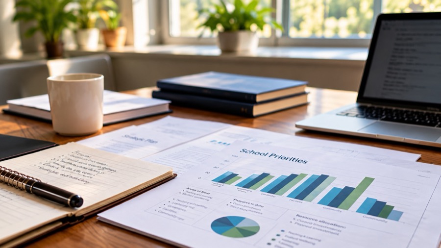 School priorities report and strategic plan on a desk in natural light